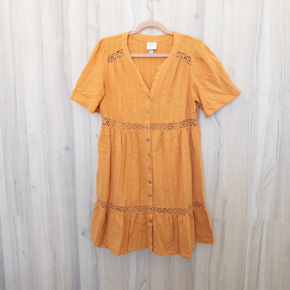 Knox Rose Tiered Mini Dress Large Orange‎ Button Front Lace Boho Cottage Summer